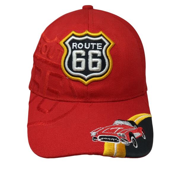 Route 66 Strapback Hat Red One Size Adjustable Embroidered Real Time - Picture 1 of 9